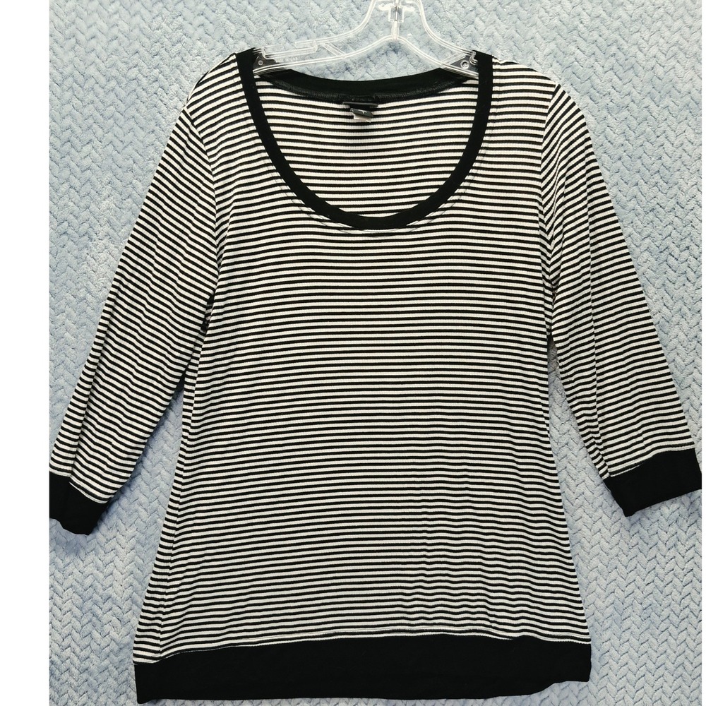 Torrid Black White Striped Ribbed Scoop Neck 3/4 Sleeve Top Size 1 Plus Stretchy